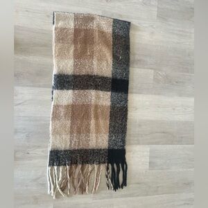 Plaid Fringe Scarf in Brown and Black